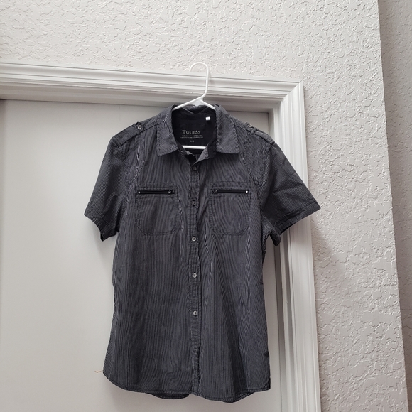 Mens Guess Striped Button Down Shirt with Pockets - Picture 2 of 8